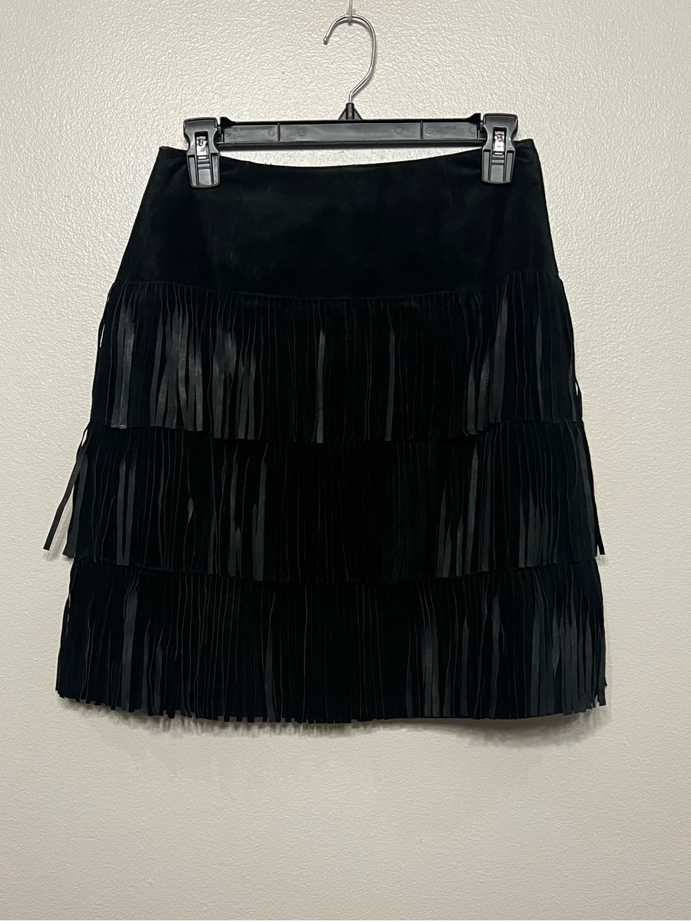 Black Leather 3 Tiered Fringe Mini Skirt Fit Flare Boho Western Cowgirl Rodeo